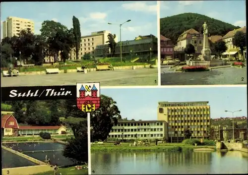 Ak Suhl in Thüringen, Stadthaus, Hotel Thüringen Tourist, Freibad, Haus der Gewerkschaft, Wappen