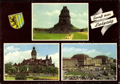 Ak Leipzig in Sachsen, Völkerschlachtdenkmal, Neues Rathaus, Hauptbahnhof, Wappen