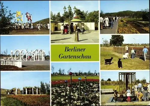Ak Berlin Marzahn, Gartenschau, Springbrunnen, Ziegen, Wasserspiel für Kinder
