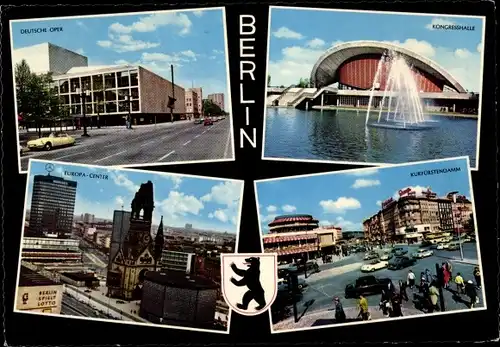 Ak Berlin, Kongresshalle, Deutsche Oper, Europa-Center, Kurfürstendamm, Wappen