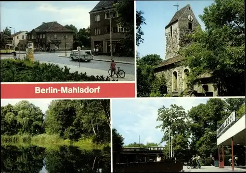 Ak Berlin Marzahn Mahlsdorf, Höhnower Straße, Kirche, Körnerpark, Kaufhalle am S Bahnhof