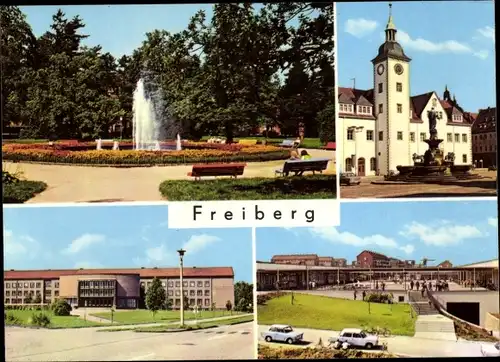 Ak Freiberg in Sachsen, Im Scheringerpark, Rathaus mit Heroldbrunnen, Bergbauakademie, Unicent
