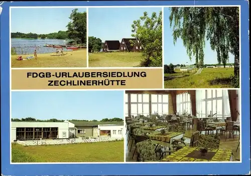 Ak Zechlinerhütte Rheinsberg in Brandenburg, FDGB Urlaubersiedlung, Badestelle, Finnhütten