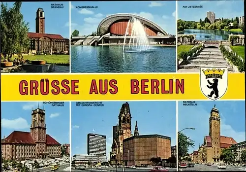 Ak Berlin, Rathaus Spandau, Neukölln, Schöneberg, Gedächtniskirche, Kongresshalle, Lietzensee