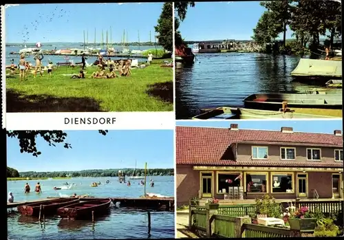 Ak Diensdorf Radlow am Scharmützelsee, Boote, Badeufer, Geschäftshaus