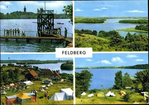 Ak Feldberg in Mecklenburg, Badeanstalt, Blick vom Hauptmannsberg und Hüttenberg, Zeltplatz