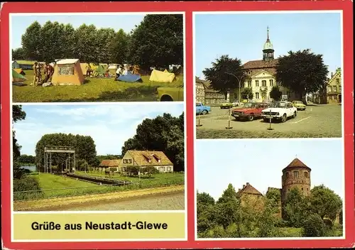 Ak Neustadt Glewe in Mecklenburg, Campingplatz, Schleuse, Rathaus, Burg