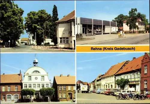 Ak Rehna in Mecklenburg, Rathaus, Kaufhalle, Post, Schweriner Straße