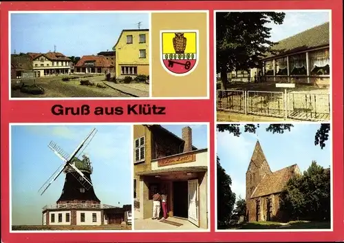 Ak Klütz in Mecklenburg, Marktplatz, HOG Klützer Eck, Windmühle, Kirche, HOG Zum Zoll, Wappen