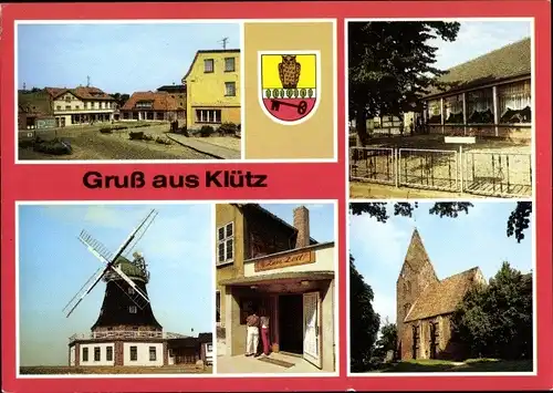 Ak Klütz in Mecklenburg, Wappen, Windmühle, Kirche, HOG Klützer Eck, HOG Zum Zoll