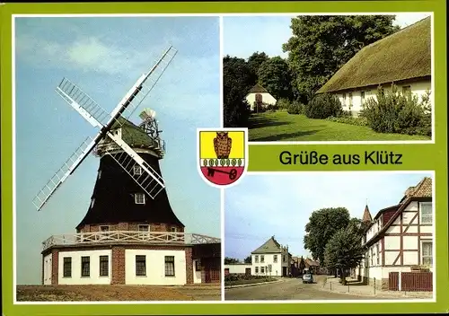 Ak Klütz in Mecklenburg, Windmühle, Ferienheim VEB DEFA-Kopierwerke Berlin, Wappen