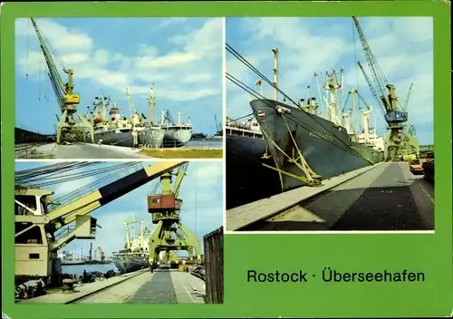 Ak Hansestadt Rostock, Überseehafen, Schiffe, Kräne