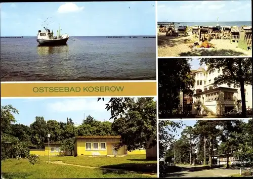 Ak Ostseebad Koserow auf Usedom, Fischkutter, Bungalowsiedlung FDGB-Erholungsheim W. Ulbricht