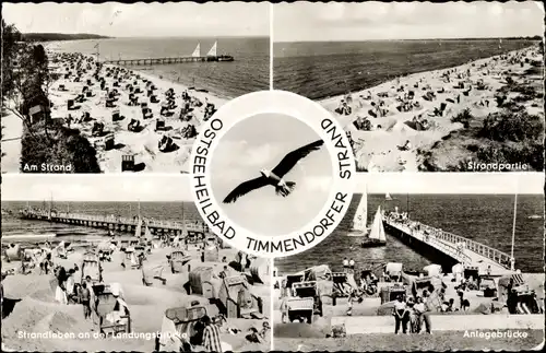 Ak Ostseebad Timmendorfer Strand, Strand, Strandleben, Anlegebrücke, Segelboote, Strandkörbe