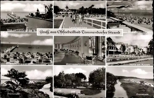 Ak Ostseebad Timmendorfer Strand, Promenade, Landungsbrücke, Strandhallen-Terrasse, Kurpark
