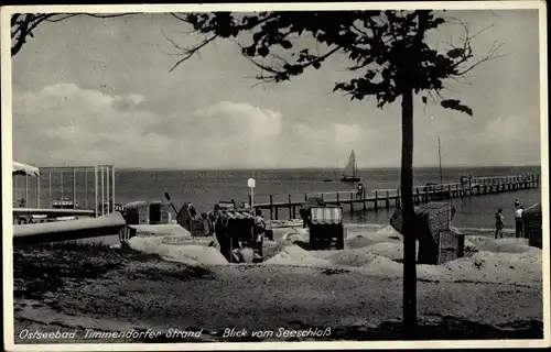 Ak Timmendorfer Strand in Ostholstein, Seeschloss, Landungsbrücke, Segelboot