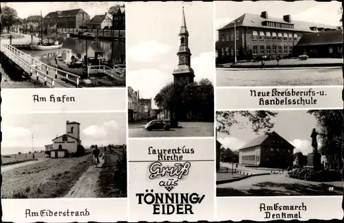 Ak Tönning an der Eider Nordfriesland, Hafen, Berufs- und Handelschule, Eiderstrand, Esmarch Denkmal