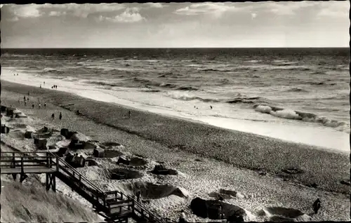 Ak Rantum auf Sylt, Strand, Sandburgen, Wellengang, Treppe zum Strand