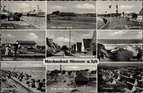 Ak Hörnum auf Sylt Nordfriesland, Hafen, Fünf-Städte-Heim, Leuchtturm, Kurhaus, Dünen, Badestrand