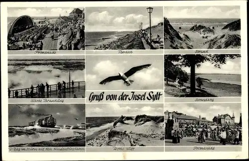 Ak Insel Sylt in Nordfriesland, Promenade, Zug im Sturm auf dem Hindenburgdamm, Terrasse, Strand