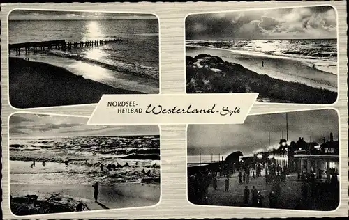 Ak Westerland auf Sylt, Landungsbrücke, Wellengang, Abendszenen am Strand
