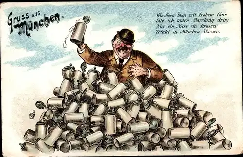 Litho Betrunkener Mann mit leeren Bierkrügen