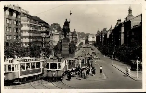Ak Praha Prag, Wenzelsplatz, Straßenbahn, Reiterdenkmal