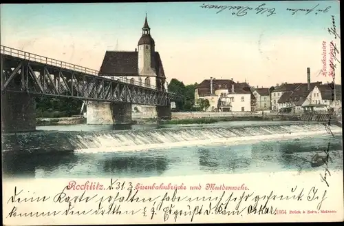 Ak Rochlitz an der Mulde Sachsen, Eisenbahnbrücke, Muldenwehr, Kirche