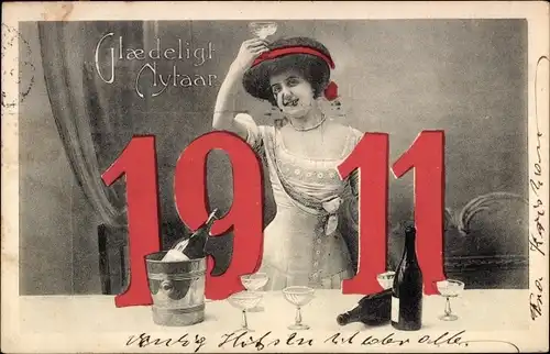 Ak Glückwunsch Neujahr 1911, Frau mit Sektglas, Sektflasche