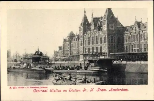 Ak Amsterdam Nordholland Niederlande, Centraal Station en Station N. H. Tram