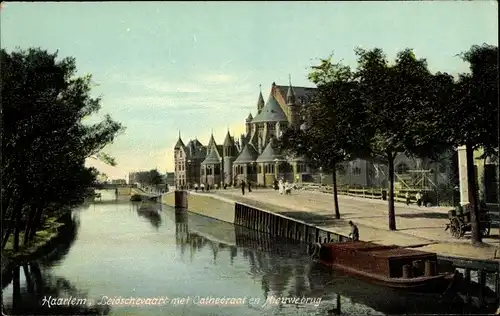 Ak Haarlem Nordholland Niederlande, Leidschevaart met Cathedraal en Nieuwebrug