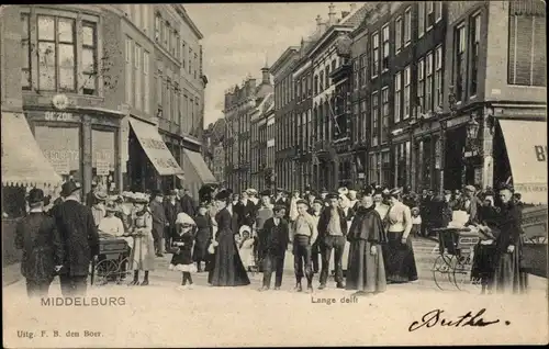 Ak Middelburg Zeeland Niederlande, Lange delft, Geschäfte, Passanten