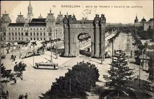 Ak Barcelona Katalonien Spanien, Triumphbogen, Justizpalast, Straßenbahn