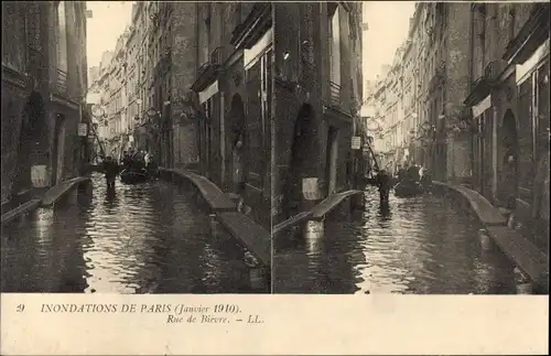 Stereo Ak Paris, Überschwemmungen in Paris, Januar 1910, Rue de Bievre