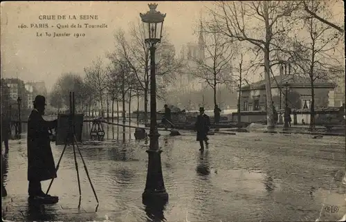 Postkarte Paris V, Überschwemmung der Seine 1910, Quai de la Tournelle