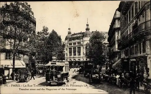 Ak Paris VIII, La Rue Tronchet und Printemps Geschäfte, Straßenbahn