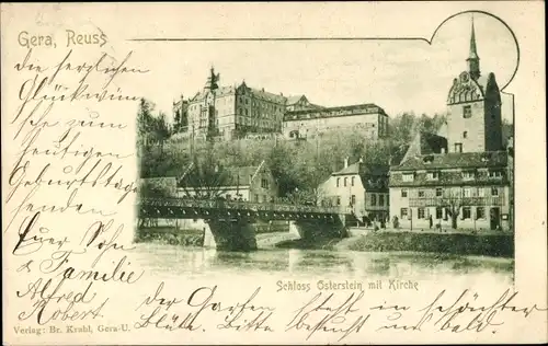 Ak Untermhaus Gera in Thüringen, Schloss Osterstein mit Kirche, Brücke, Weiße Elster