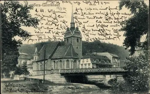 Ak Untermhaus Gera in Thüringen, Kirche, Brücke, Weiße Elster