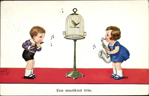 Künstler Ak Wills, John, Musikalisches Trio, Kinder mit Flöte und Saxophon, Vogel im Käfig