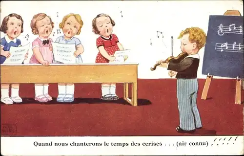 Künstler Ak Wills, John, Junge mit Geige, singende Mädchen