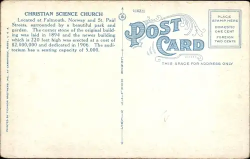 Ak Boston Massachusetts USA, Innenraum der Christian Science Church