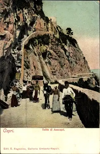 Ak Capri Neapel Campania, Salita di Anacapri, Straßenpartie, Passanten, Esel