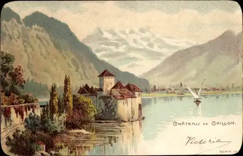 Litho Chillon Lac Léman Kt. Waadt Schweiz, Schloss