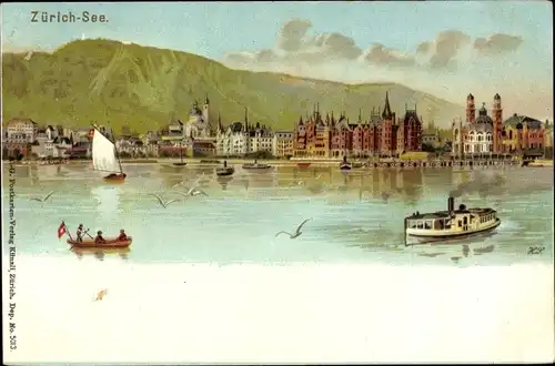 Litho Zürich Stadt Schweiz, Blick vom Zürichsee