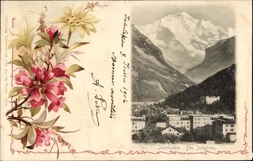 Ak Interlaken Kanton Bern, Teilansicht, Jungfrau, Blumen