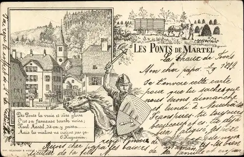 Litho Les Ponts de Martel Kanton Neuenburg, Teilansicht, Reiter mit Axt und Schild