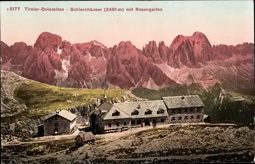 Ak Völs am Schlern Fiè allo Sciliar Südtirol, Rifugio al Monte Pez, Schlernhäuser, Rosengarten
