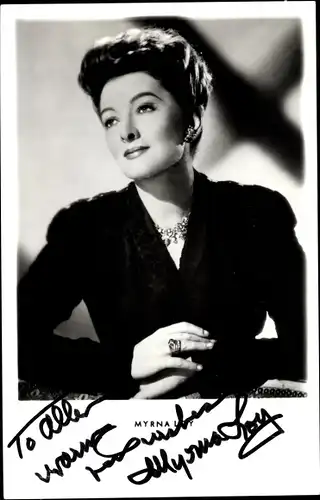 Ak Schauspielerin Myrna Loy, Portrait, Autogramm