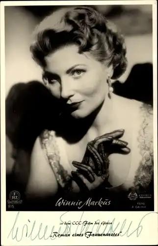 Ak Schauspielerin Winnie Markus, Portrait, Roman eines Frauenarztes, Autogramm