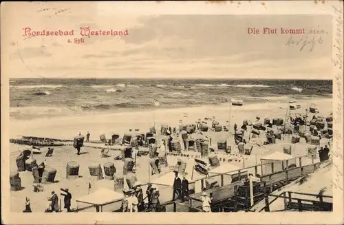 Ak Westerland auf Sylt, Strand, Strandkörbe, Die Flut kommt